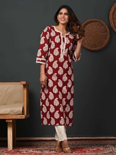 Image of Rimeline Women's Cotton Printed Kurta with Lace Yoke Detail | Elegant Straight Fit Ethnic Wear for Office, Casual & Daily Styling