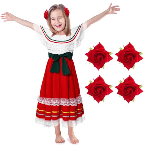 5 Pcs Mexican Fiesta Dress Kit Traditional Mexican Girl Dress with Rose Hair Clip for Cinco De Mayo Halloween