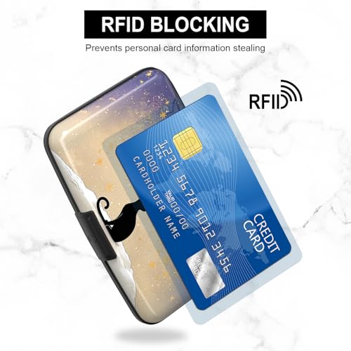 Image of Credit Card Holder, Mini Aluminum Card Wallet RFID Blocking Slim Metal Hard Card Case for Women Men, Moonlight Cat