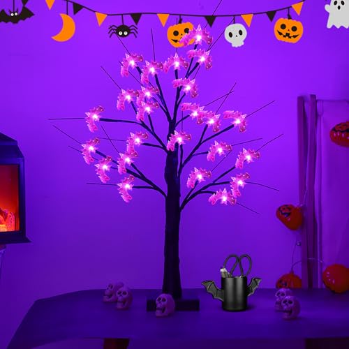 LED Baum Lichter, XRR 24 LED Violettes Fledermaus Halloween Baum Licht USB oder Batteriebetrieben Dekobaum Belichtet Lichter Innen für Wohnzimmer, Büro, Esszimmer, Halloween Deko