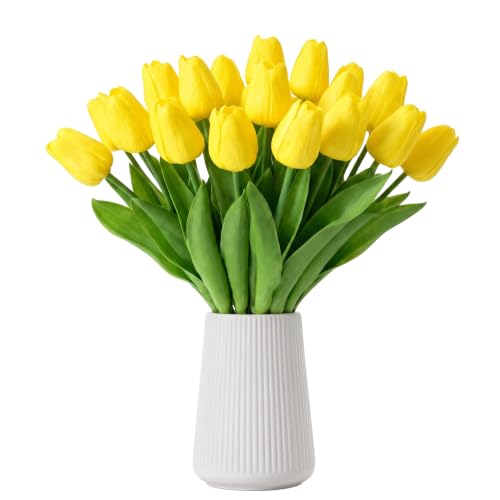 SHUERIET Yellow Artificial Tulips Fake Flowers 20 Pcs PU Faux Tulips 13.5 Realistic Tulip Bouquet for Wedding Centerpiece Home Kitchen Dining Table Vase Decoration Stems