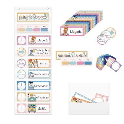 Daily Schedule Pocket Chart, Visual Schedule with 42 Reusable Dry-Eraser Cards, Visual Schedule for Kids, Classroom Schedule, Suitable for Classroom, Office, Home, Pre-School Education, Spanish