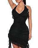 MOEENCN Summer Sexy Dresses for Women Sheer Mesh Bodycon Sleeveless V-Neck Short Party Dress Elegant Backless Ruffle Club Black XL