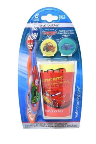 Brush Buddies Disney Pixar Cars Toothbrush Set for Kids 6 Piece Bundle with 2 Soft Bristle Toothbrushes 2 Rinsing Cups 2 Brush Caps Ages 2+ Featuring Lightning McQueen and Mater