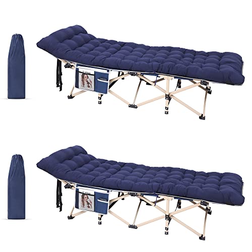 WGOS Camping Cot, Folding Camping Cot Folding Cot for Adults with Mattress, Carry Bag, Pillow and Side Mesh Holders Holds Weights Up to 500Lbs for Indoor & Outdoor (2-Pack Navyblue)