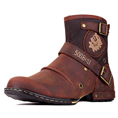 OSSTONE Moto Boots for Men Fashion Zipper-up Leather Chukka Boots Casual Shoes 5008-1-A-10.5 Brown