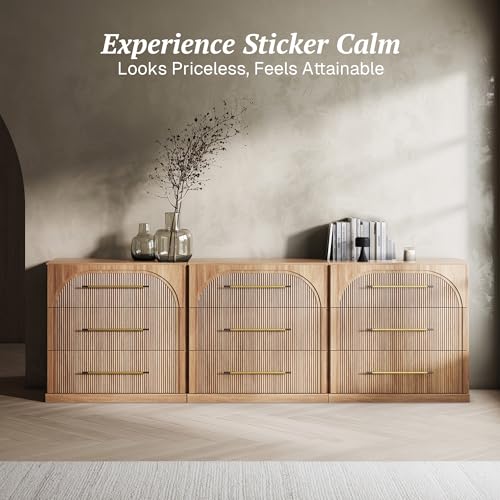 Image of BELLEZE Set of 3 Fluted Modular Sideboard Cabinet, 97'' Classic Modern Buffet Cabinet with 3 Drawers, Accent Credenza Cabinet for Living Room Kitchen Entryway (Camel)