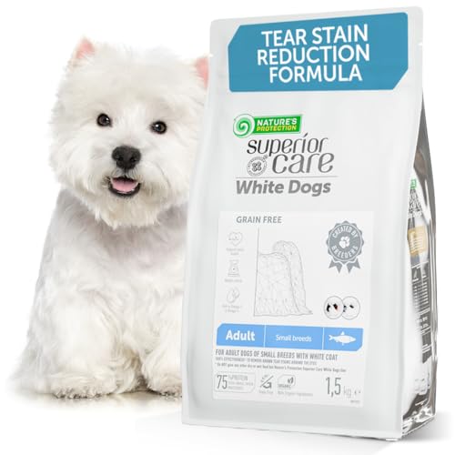 Nature's Protection Superior Care Grain Free Dry Dog Food for Small Adult White Dogs - Hypoallergenic Dog Food with Herring, Omega 3 & 6 - Reduces Tear Stains, Promotes Healthy Skin & Coat, 1.5kg
