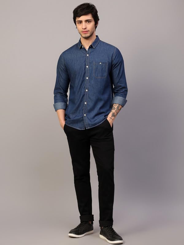 Image of Men's Denim Shirt with Regular Fit Solid Pattern Long Sleeve Collared Neck and Button Down Closure|Men Denim Shirt