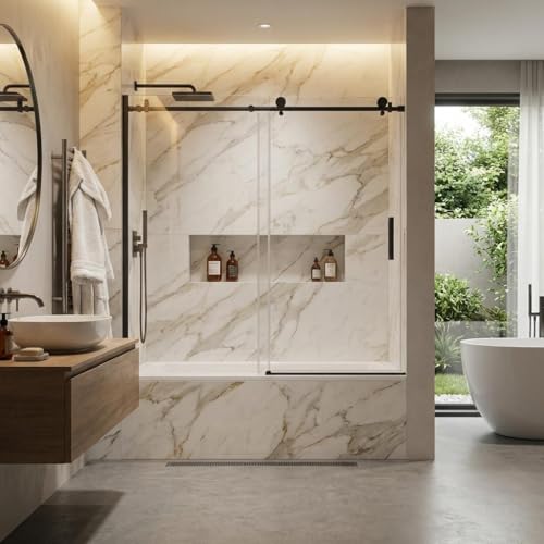Image of 56-60 inch W x 59 inch H Frameless Sliding Shower Door, 5 /16 inch (8mm) Tempered Glass with Explosion-Proof Film, Bypass Door with Seal Strips for Walk-in Shower, Matte Black