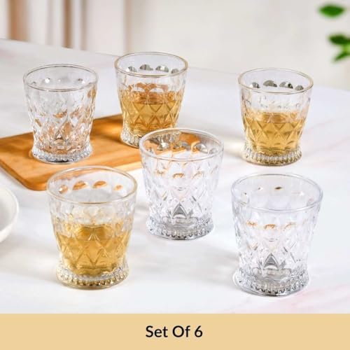 Image of Nestasia Transparent Set of 6 Small Juice Glasses (245 ml Each) - 100% Food Safe & Chip Resistant Embossed Tapering Tumblers - Ideal for Water, Tea, Coffee & Refreshments - Perfect for Gifting