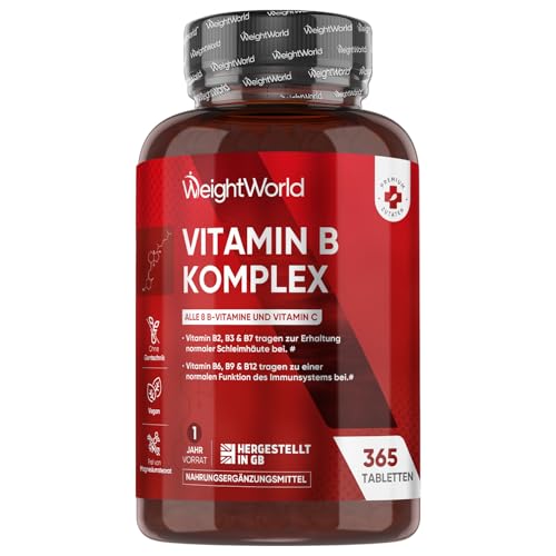 Vitamin B Komplex - 1 Jahr Vorrat - 365 Vitamin B mit Vitamin C Tabletten - Alle 8 B Vitamin B12, B1, B2, B3, B5, B6, B7, B9 - Mit Ascorbinsäure, Biotin, Folsäure - Vegane B Complex - WeightWorld