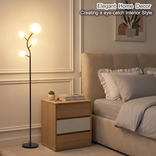 Image of Fiqevs 4 Globe Floor Lamp for Living Room, Mid Modern Standing Tree Lamp | 3000K Warm White Light, 4 LED Bulbs Included, Sphere Ball Frosted Glass Shade Tall Lamp for Bedroom /Office, Matt Black