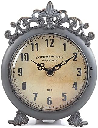 NIKKY HOME Small Vintage Table Clock, Decorative Shelf Desk Top Clock Battery Operated Round French Design, Farmhouse Home Decor for Bathroom, Tabletop, Desktop, Countertop, Rustic Grey