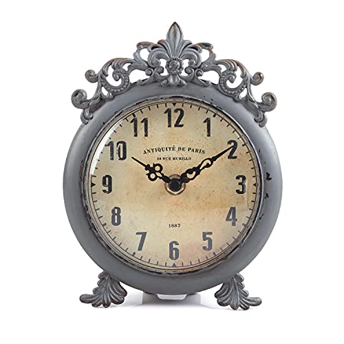 Nikky Home Small Vintage Table Clock, Decorative Shelf Desk Top Clock Battery Operated Round French Design, Farmhouse Home Decor For Bathroom, Tabletop, Desktop, Countertop, Rustic Grey #TOP15