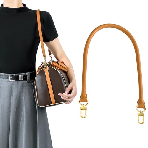 KIYOMIL Bag Genuine Vachetta Leather Shoulder Short Strap Replacement Fit for Graceful Damier or Speedy25 30 35 Bag Brown Rolled Straps Tan(Length:27.5in-DEEP BEESWAX)