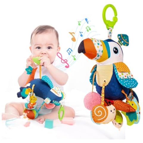 Jollybaby Musical Activity Pull String Hanging Toy for Baby Stroller Car Seat Crib Play Gym, Plush Stuffed Toucan Toy for Carseat with Music Teether Rattles, Sensory Toy for Baby Gift Cover
