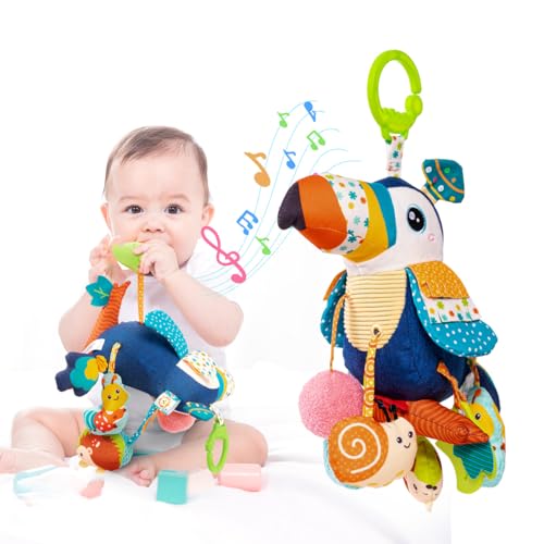 Image of Jollybaby Musical Activity Pull String Hanging Toy for Baby Stroller Car Seat Crib Play Gym, Plush Stuffed Toucan Toy for Carseat with Music Teether Rattles, Sensory Toy for Baby Gift