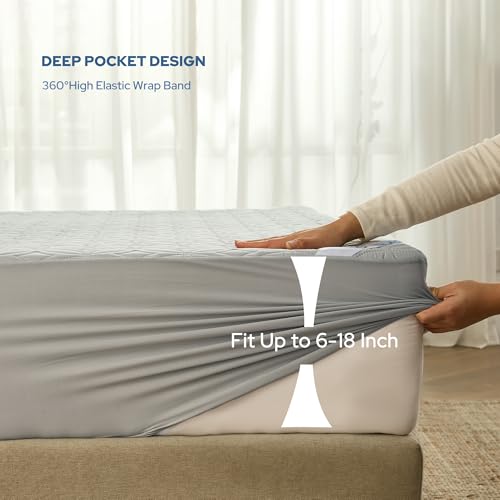 Image of BEDLORE Waterproof Mattress Protector, Cal King Size Mattress Pad with Deep Pocket 6 inch-18 inch Depth, Soft Dirt-Proof Double Bed Mattress Cover for Bedroom, College Dorm, Hotel (Light Gray)