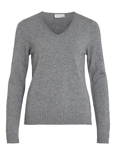 Vila Suéter de Punto Femenino con Cuello en V, Color Gris., L