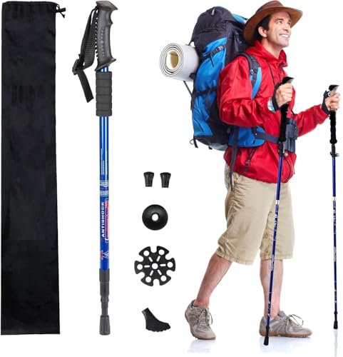 Image of Trekking Poles, Lightweight Aluminum Hiking Sticks, Collapsible Shock-Absorbing with Ergonomic Grip for Women Men Kids,Anti-Shock Spring System, Adjustable Length,(1 PCS Blue)