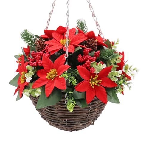Christmas Poinsettia Hanging Basket 30cm Red Flowers Berries Pine Cones