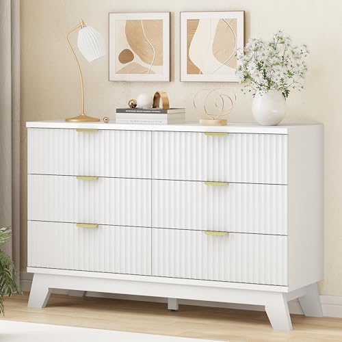 Image of Fluted Dresser for Bedroom with 6 Drawers, 48 inch Wide Modern Chest of Drawers with Metal Handle, Wooden Dresser TV Stand, Wood Closet Clothes Storage Drawer Organizer for Living Room, Hallway, White