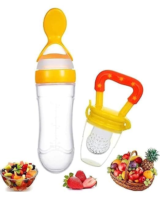 babyBee Combo of Fruit Nibbler Pacifier and Silicone Squeeze Feeding Spoon Bottle for Feeding Milk Cereal 0 to 12 Months Daily Needs Items for Kids Same Color Design Yellow Set for Your Baby-image-49
