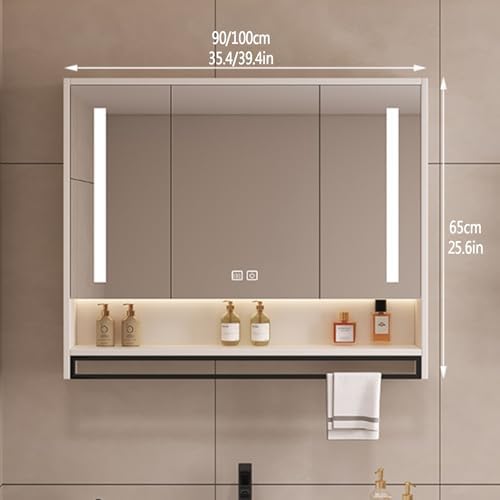 Smart LED Mirror Medicine Cabinet - Solid Wood Wall-Mounted with Anti-Fog, Open Rack & Towel Bar - Stylish Bathroom Storage Solution with HD Reflection