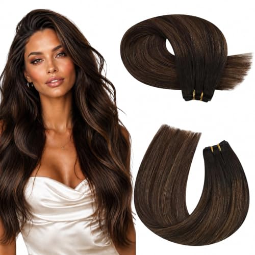 Image of Moresoo Real Human Hair Weft Extensions, Balayage Brown, Remy Hair Weft | 24 Inch 100g, flowing real human hair adds graceful length, suited to travel, bridal occasions and evening styling