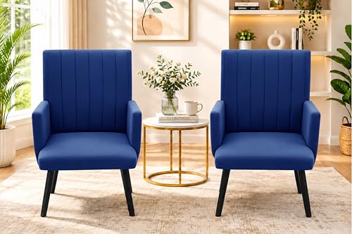 Image of Rosebell Modern Velvet Office Chairs Set of 2 with Armrests & Metal Legs | Upholstered High Back Leisure Chairs for Living Room, Bedroom, Office, Cafe & Dining Room | Blue