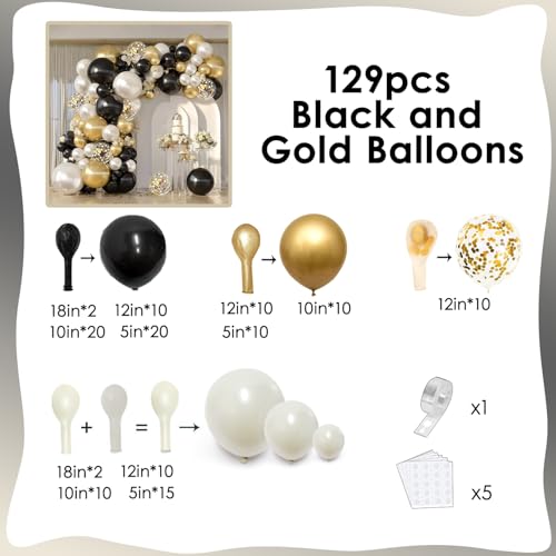 Image of Double Stuffed Black Gold White Confetti Balloon Arch Kit 129 Pcs
