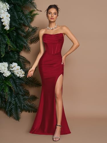 Image of Women's Cocktail Dresses Elegant Black Strapless Slit Mermaid Evening Dresses for Wedding Guest