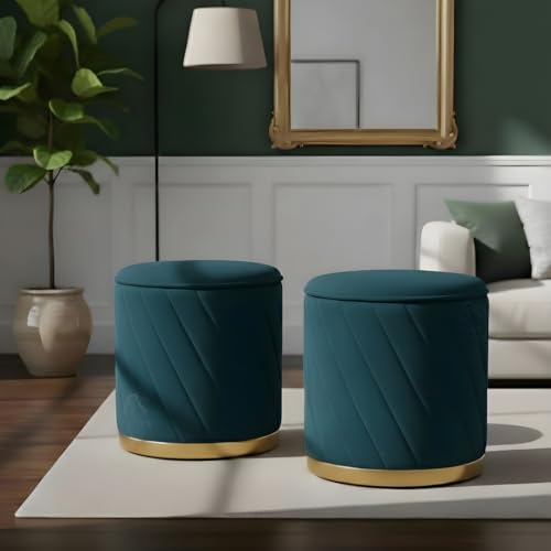 Image of Premium Velvet Ottoman Stool | Modern Round Pouffe with Gold Base | Multipurpose Seating | Living Room & Bedroom Decor (Aqua Set of 2)