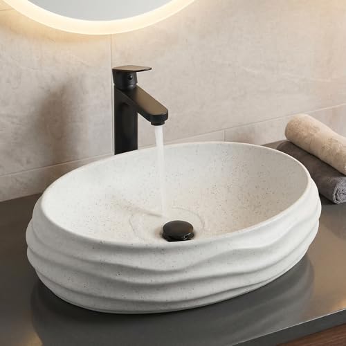 Image of BASSINO 22x15x6 Inches Ceramic Table Top Washbasin /White Terrazzo Luxury Countertop Sink /Modern Basin for Home,Living Room,Dining Hall /Designer Oval Shape Wash Basin for Bathroom with Wave(Matte)
