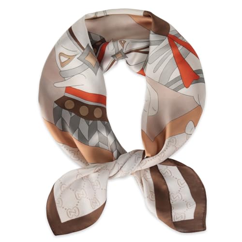 EXTREE Fashion Silky Satin Headscarf for Women Girls: Exquisite Pattern Lightweight Silk Graceful Scarfs 27.5 x 27.5 inches Beige Horse Brown Edge
