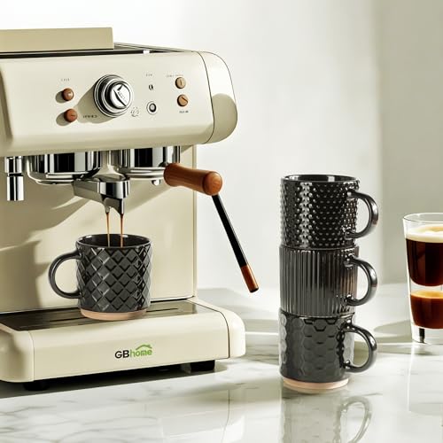 GBhome 12OZ Stackable Coffee Mugs with Stand, Ceramic Coffee Mugs with Texture Patterns for Man,Woman,Dad,Mom, Modern Coffee Cups Set of 4 for Latte/Cappuccino/Cocoa. Dishwasher&Microwave Safe,Black by GBhome - Image 5