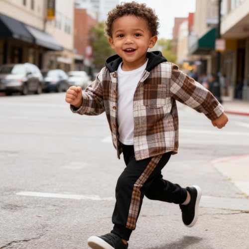 Image of OLMRJKD Toddler Baby Boy Clothes Plaid Long Sleeve Hoodie Sweatshirt + Pants 2pcs Boys Outfit Set