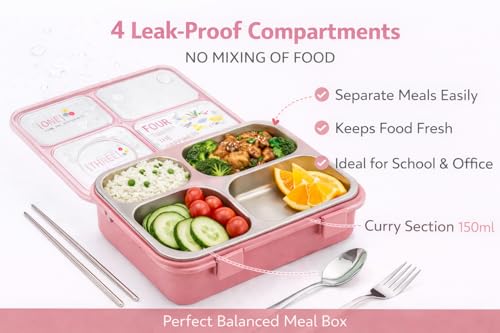 Image of TEC TAVAKKAL 4 Compartment Leak-Proof Lunch Box with Extra Steel Bowl & Lid, 900ML Bento Lunch Box | BPA Free | Includes Spoon, Fork & Chopsticks, Dishwasher Safe, Food Grade Durable Material (Pink)