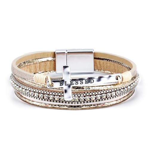 Cross Leather Wrap Bracelets Christian Religious Baptism Bangle Cuff Boho Multi-Layer Rhinestones Bracelet Bangle Confirmation Gifts Beige Stacked Bracelet Trendy Braided Leather Wristbands