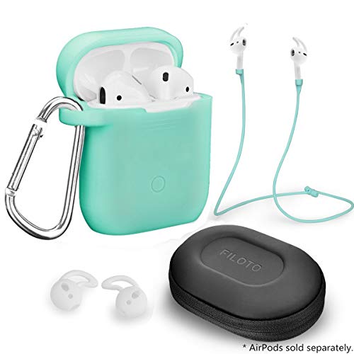 Airpods Accessories Set, Filoto Airpods Waterproof Silicone Case Cover with Keychain/Strap/Earhooks/Accessories Storage Travel