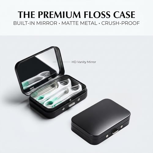 LIGHUFEIC 2Pack Dental Floss Portable Case with Mirror,Refillable Portable Floss Pick Holder Container,Small Floss Dispenser for Travel, Dates,Dinners and Hotels(Black)