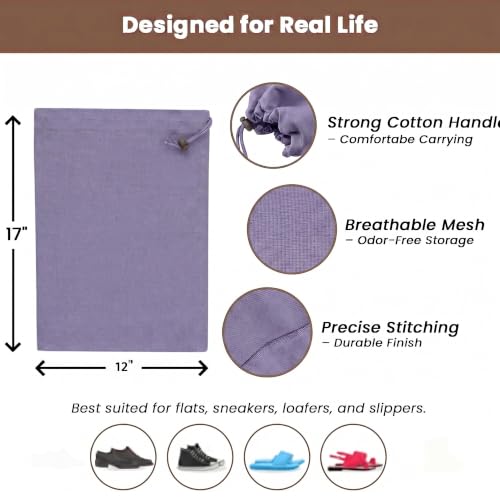 Image of LFH Cotton Rich Shoe Storage Bags with Drawstring, Dustproof Breathable Reusable Organizer, Perfect For Travel, Dorm, Hotel, College,Gym,Easy to Carry,Machine Washable12 inchx17 inch(Pack of 6)-Lavender