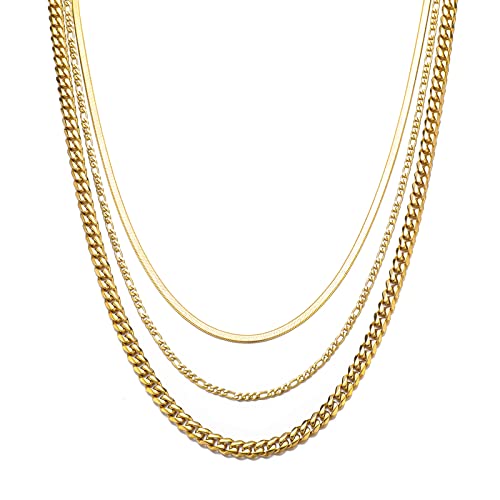3Pcs Womens Layered Necklaces Stainless Steel Link Necklaces Set 14K Gold Plated Snake Curb Link Figaro Chain Choker For Women Girls(B-Gold) #TOP7