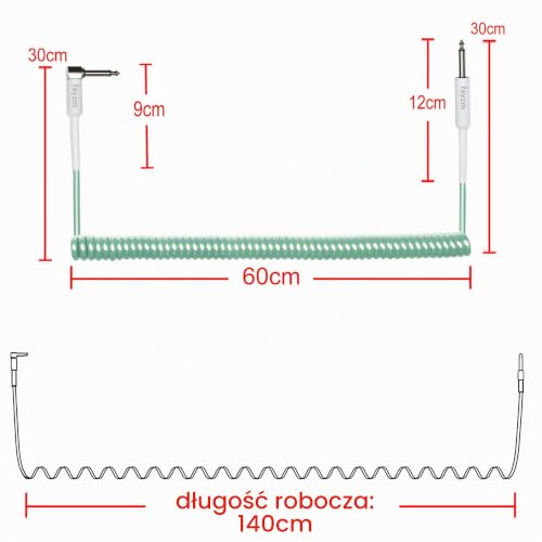 Rayzm Zwinięty kabel do instrumentu, 2-metrowy zwinięty przewód, prosty spiralny kabel z prawym kątem do gitary/basu