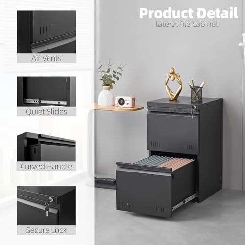 Image of Guizeeopo 2 Drawer File Cabinet with Lock, Vertical File Cabinets for Home Office, Printer Stand, Heavy Duty Steel Office Storage Cabinet for Letter /Legal /A4, Assembly Required(Black)