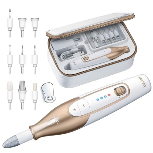 Beurer MP 64 Maniküre/Pediküreset, elektrisches Nagelpflegeset mit Akku, 10 Aufsätze zur Nagelpflege für schöne Hände und Füße, mit LED Licht, Einheitsgröße, White and gold