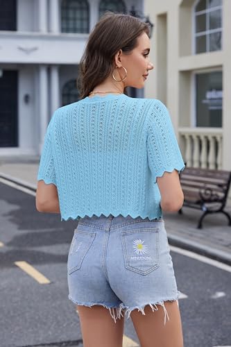 Image of Womens Lightweight Short Sleeve Cardigan Trendy Knit Hollowed-Out Y2k Cropped Tie-Front Shrugs for Dresses Pants Shorts