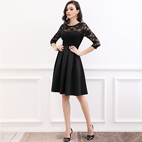 Miusol Women's Vintage Floral Lace 2/3 Sleeve Cocktail Party Dress, Black, Small