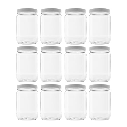 CLEARVIEW CONTAINERS - 12 Pack of 32 Ounce Plastic Quart Jars with 89RM Leak Proof Seal Lid - Food Grade and BPA Free (32oz, 12pk)